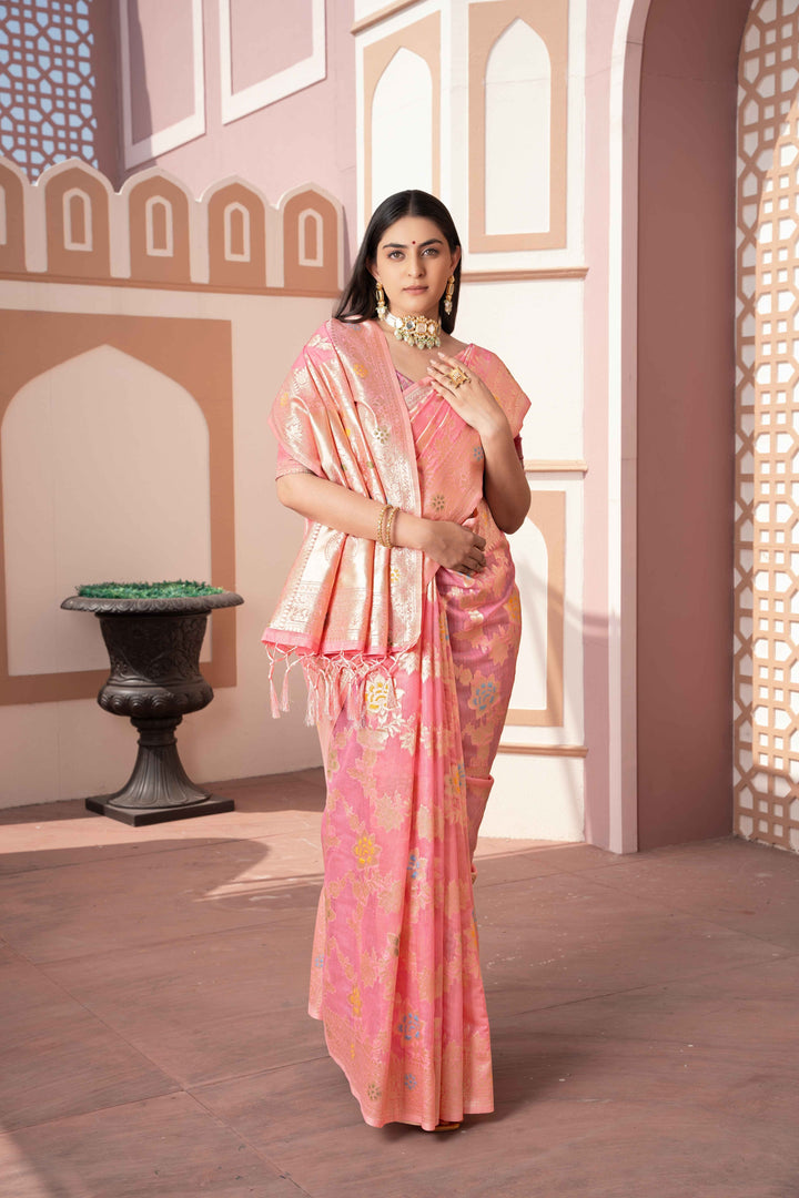 Pink Color Cotton Silk Saree With Woven Zari Work With Unstitched Blouse Piece