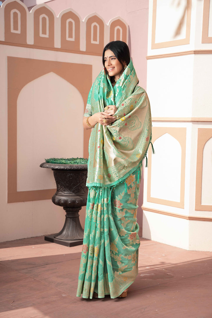 Sea Green Color Cotton Silk Saree With Woven Zari Work With Unstitched Blouse Piece