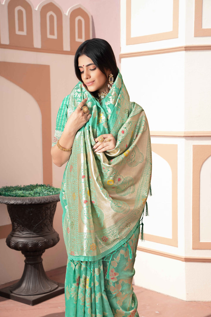 Sea Green Color Cotton Silk Saree With Woven Zari Work With Unstitched Blouse Piece