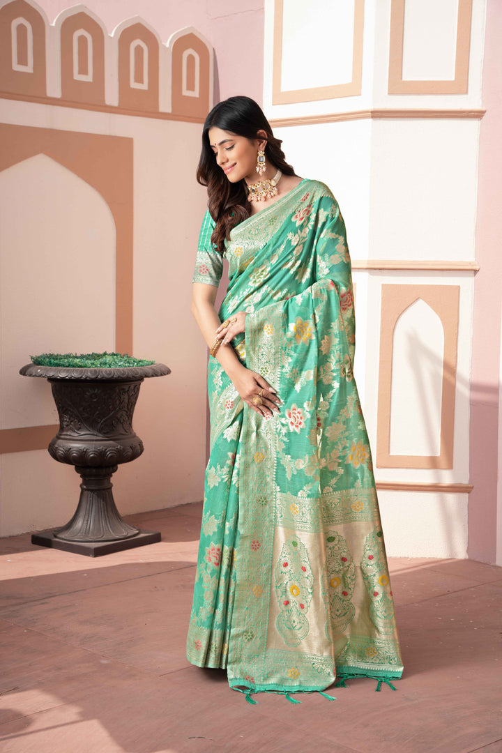 Sea Green Color Cotton Silk Saree With Woven Zari Work With Unstitched Blouse Piece