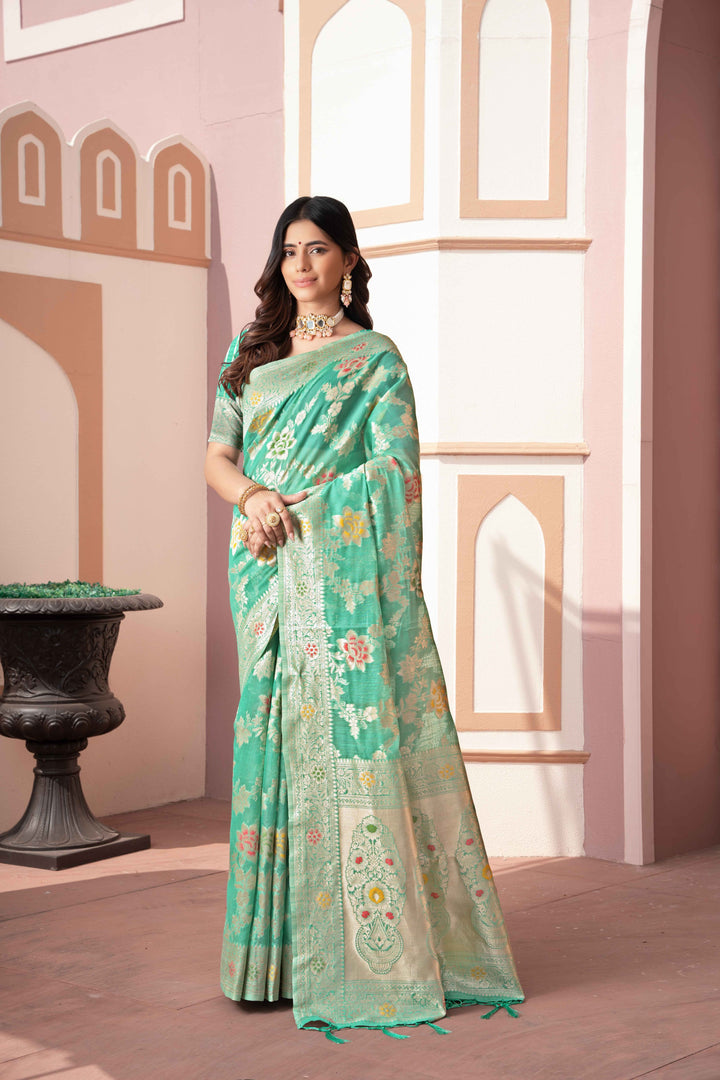 Sea Green Color Cotton Silk Saree With Woven Zari Work With Unstitched Blouse Piece