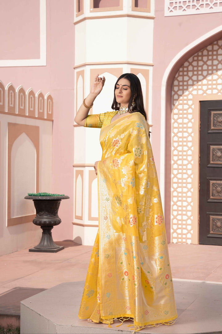 Yellow Color Cotton Silk Saree With Woven Zari Work With Unstitched Blouse Piece