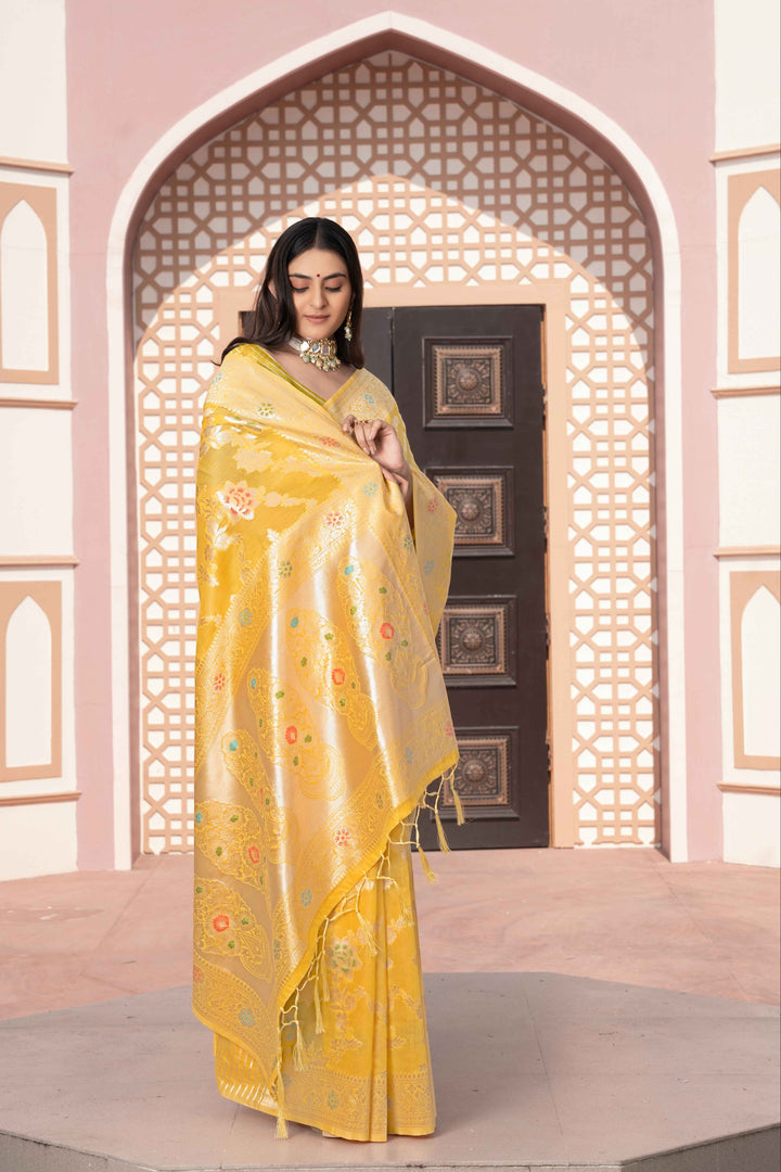 Yellow Color Cotton Silk Saree With Woven Zari Work With Unstitched Blouse Piece