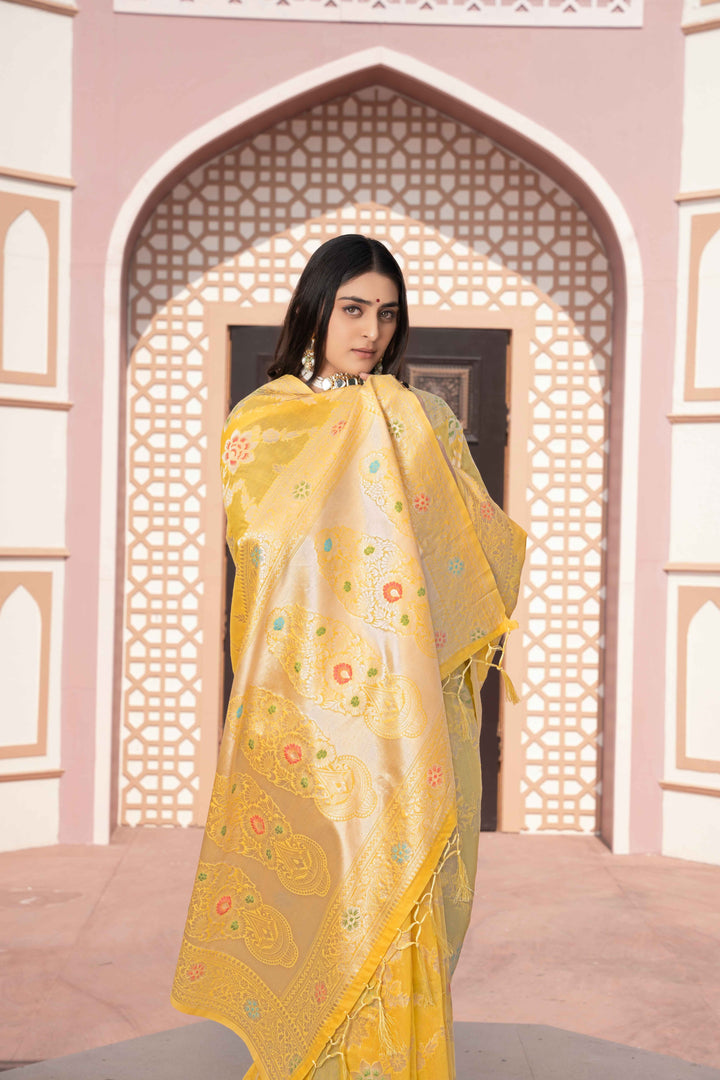 Yellow Color Cotton Silk Saree With Woven Zari Work With Unstitched Blouse Piece