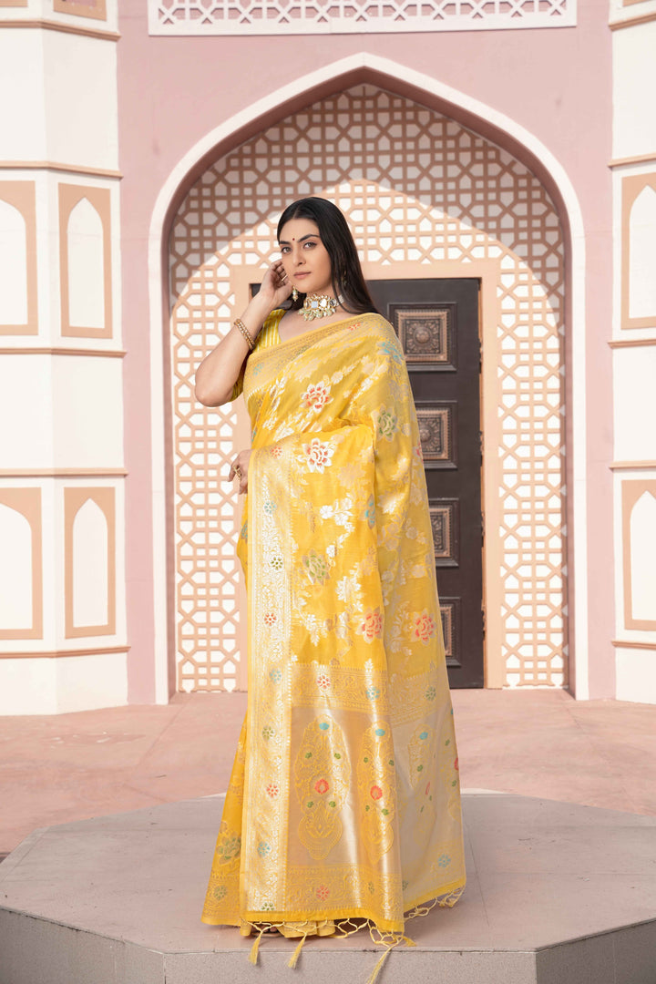 Yellow Color Cotton Silk Saree With Woven Zari Work With Unstitched Blouse Piece