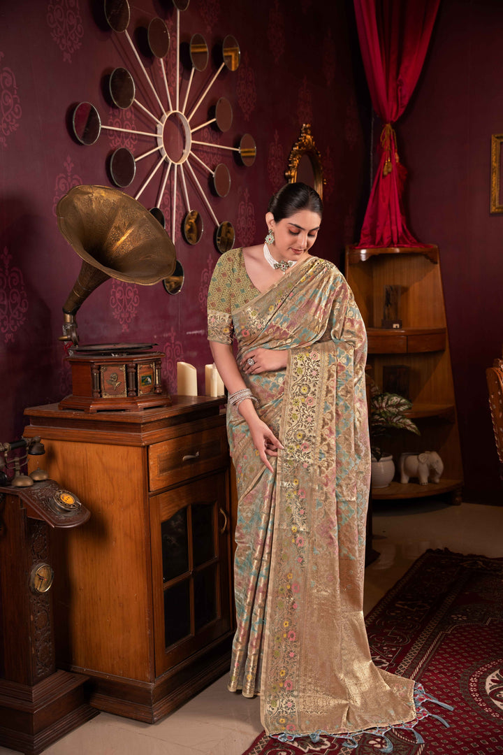 Gray Color Organza Silk Saree With Woven Zari Work With Unstitched Blouse Piece