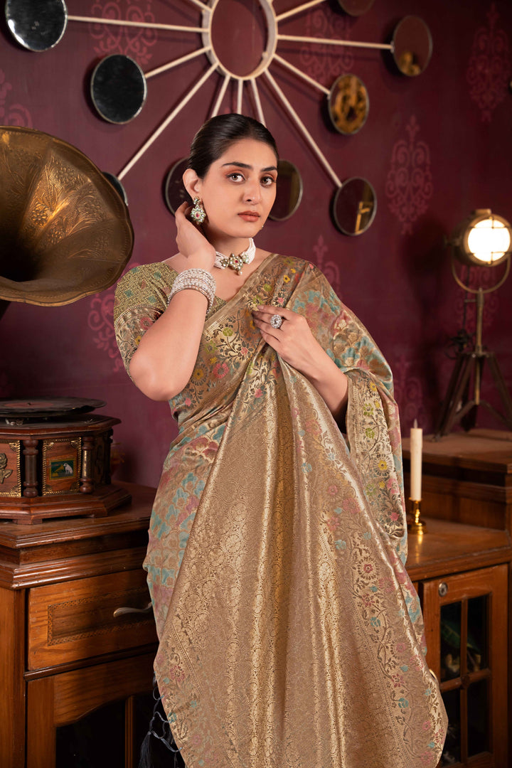 Gray Color Organza Silk Saree With Woven Zari Work With Unstitched Blouse Piece