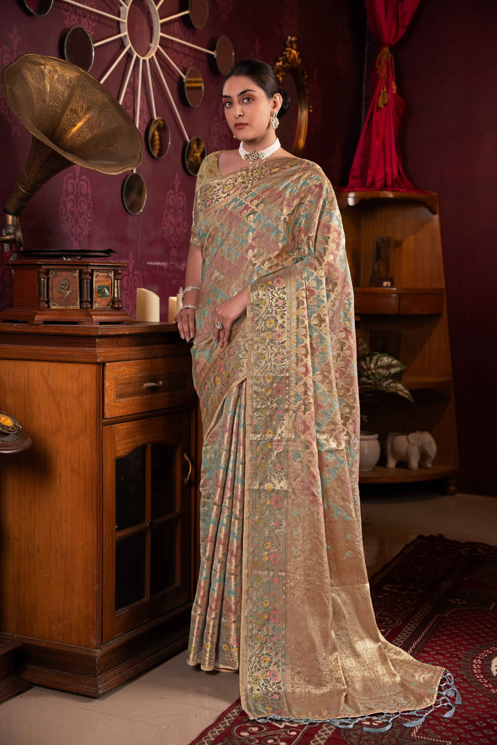 Gray Color Organza Silk Saree With Woven Zari Work With Unstitched Blouse Piece