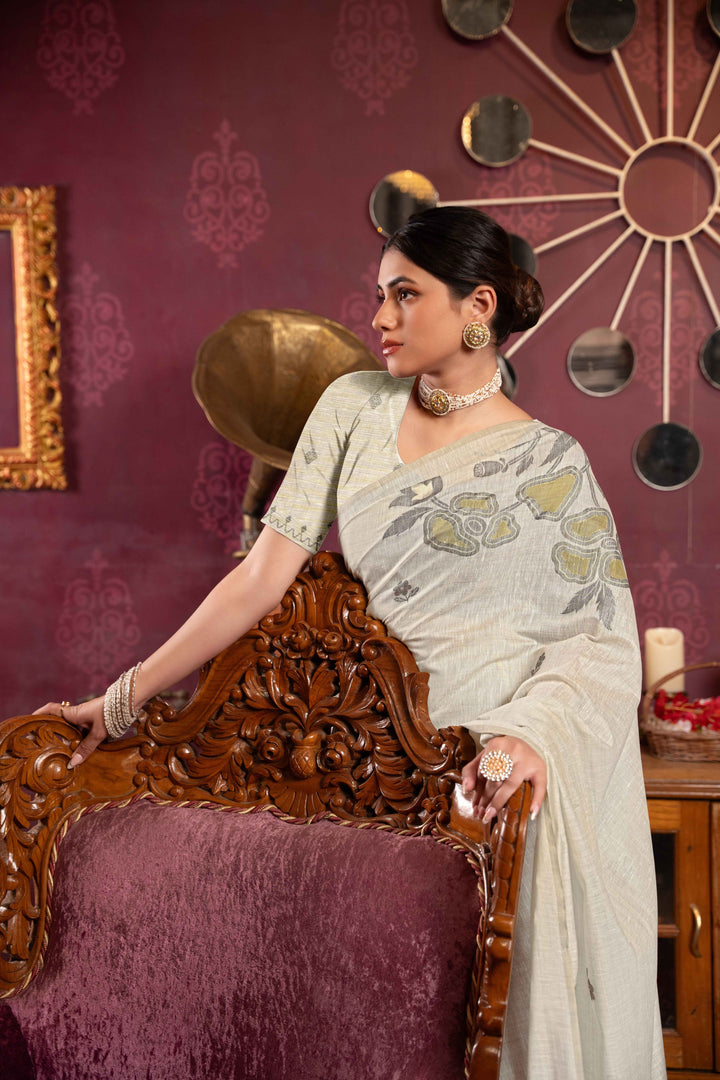 Pista Green Color Mul Cotton Saree With Woven Design With Unstitched Blouse Piece