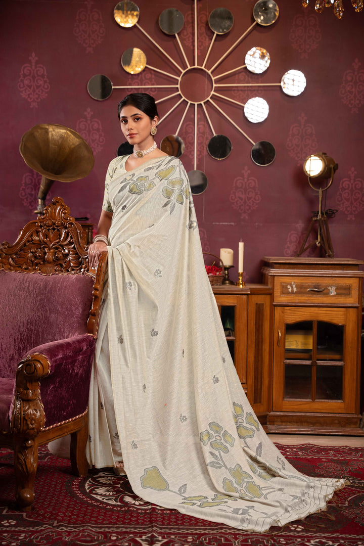 Pista Green Color Mul Cotton Saree With Woven Design With Unstitched Blouse Piece