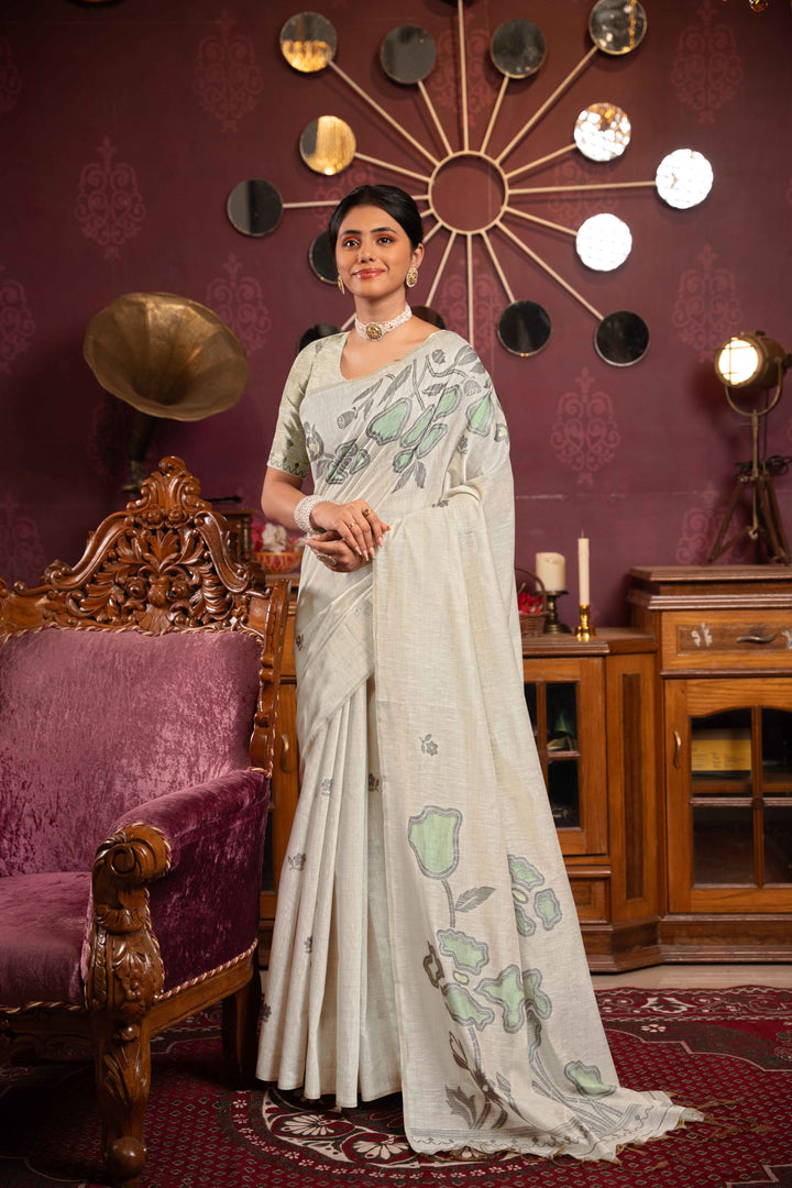 Sea Green Color Mul Cotton Saree With Woven Design With Unstitched Blouse Piece