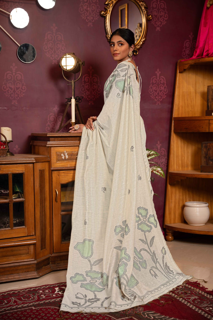 Sea Green Color Mul Cotton Saree With Woven Design With Unstitched Blouse Piece