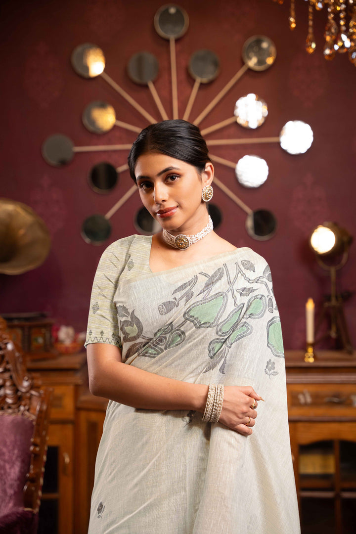 Sea Green Color Mul Cotton Saree With Woven Design With Unstitched Blouse Piece