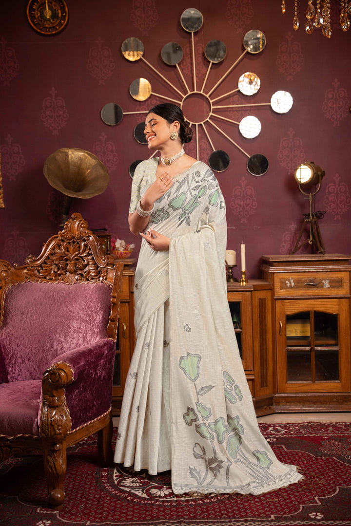 Sea Green Color Mul Cotton Saree With Woven Design With Unstitched Blouse Piece