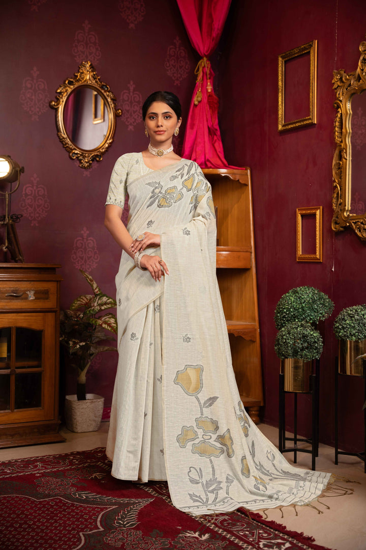Yellow Color Mul Cotton Saree With Woven Design With Unstitched Blouse Piece