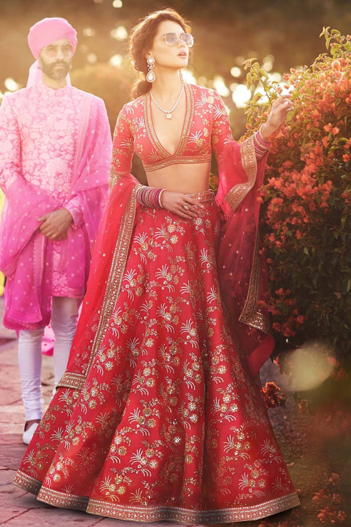 Red Color Thai Silk With Zari And Sequins Embroiderey Work Lehenga Choli
