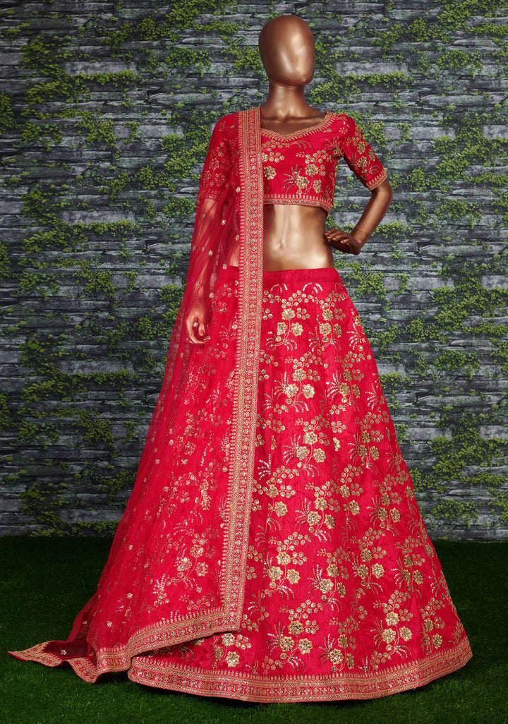Red Color Thai Silk With Zari And Sequins Embroiderey Work Lehenga Choli