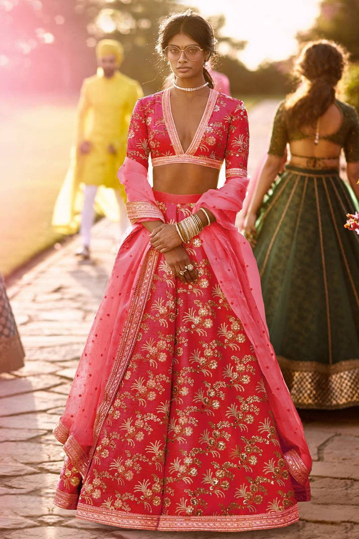 Red Color Thai Silk With Zari And Sequins Embroiderey Work Lehenga Choli