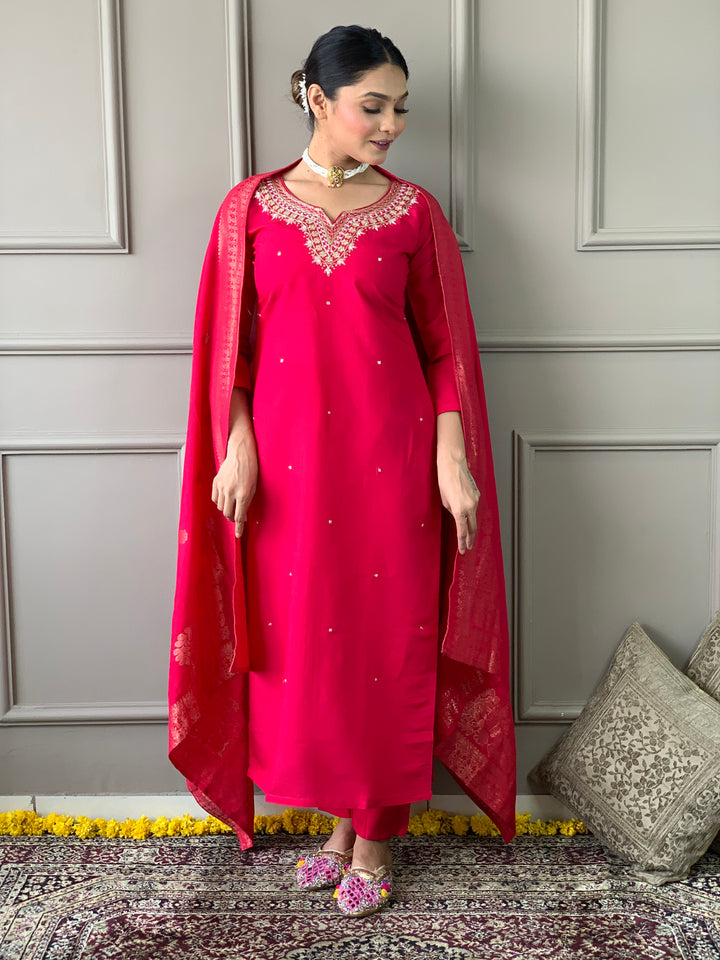 Pink Color Viscose Chanderi Embroidered Straight  Kurta with Pant And Dupatta Sets
