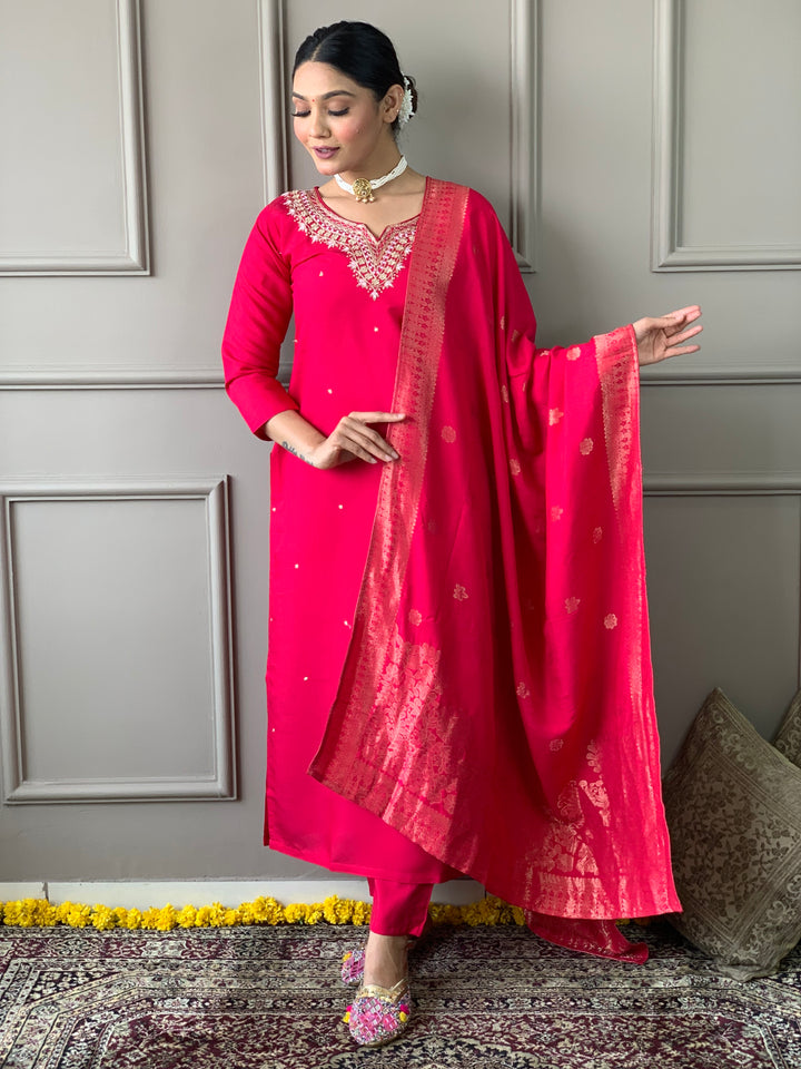 Pink Color Viscose Chanderi Embroidered Straight  Kurta with Pant And Dupatta Sets