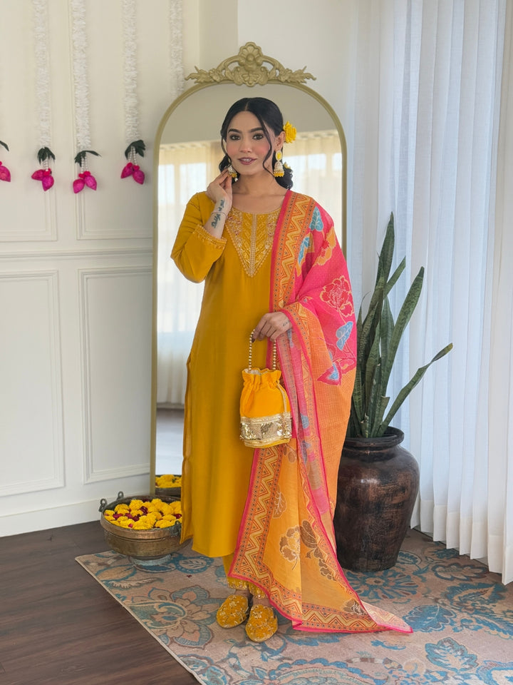 yellow Color Chanderi Silk with Embroidered Kurta with Pant And Dupatta Sets