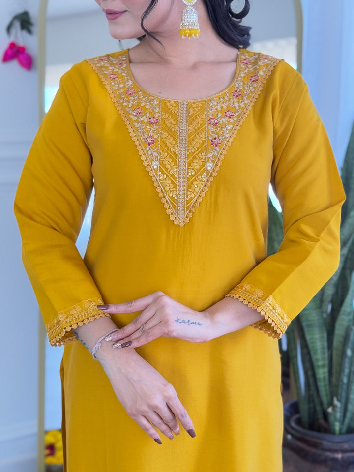 yellow Color Chanderi Silk with Embroidered Kurta with Pant And Dupatta Sets