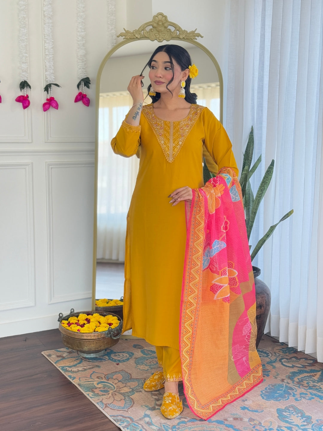 yellow Color Chanderi Silk with Embroidered Kurta with Pant And Dupatta Sets