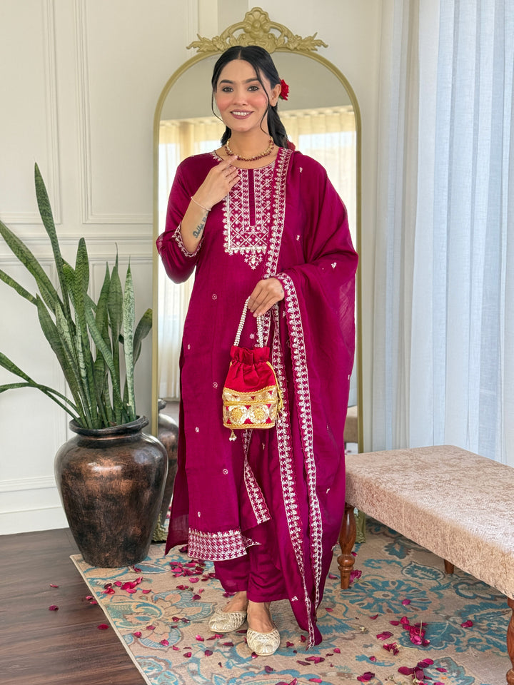 Pink Color CP Vichitra with Embroidered Straight Kurta with Pant And Dupatta Sets