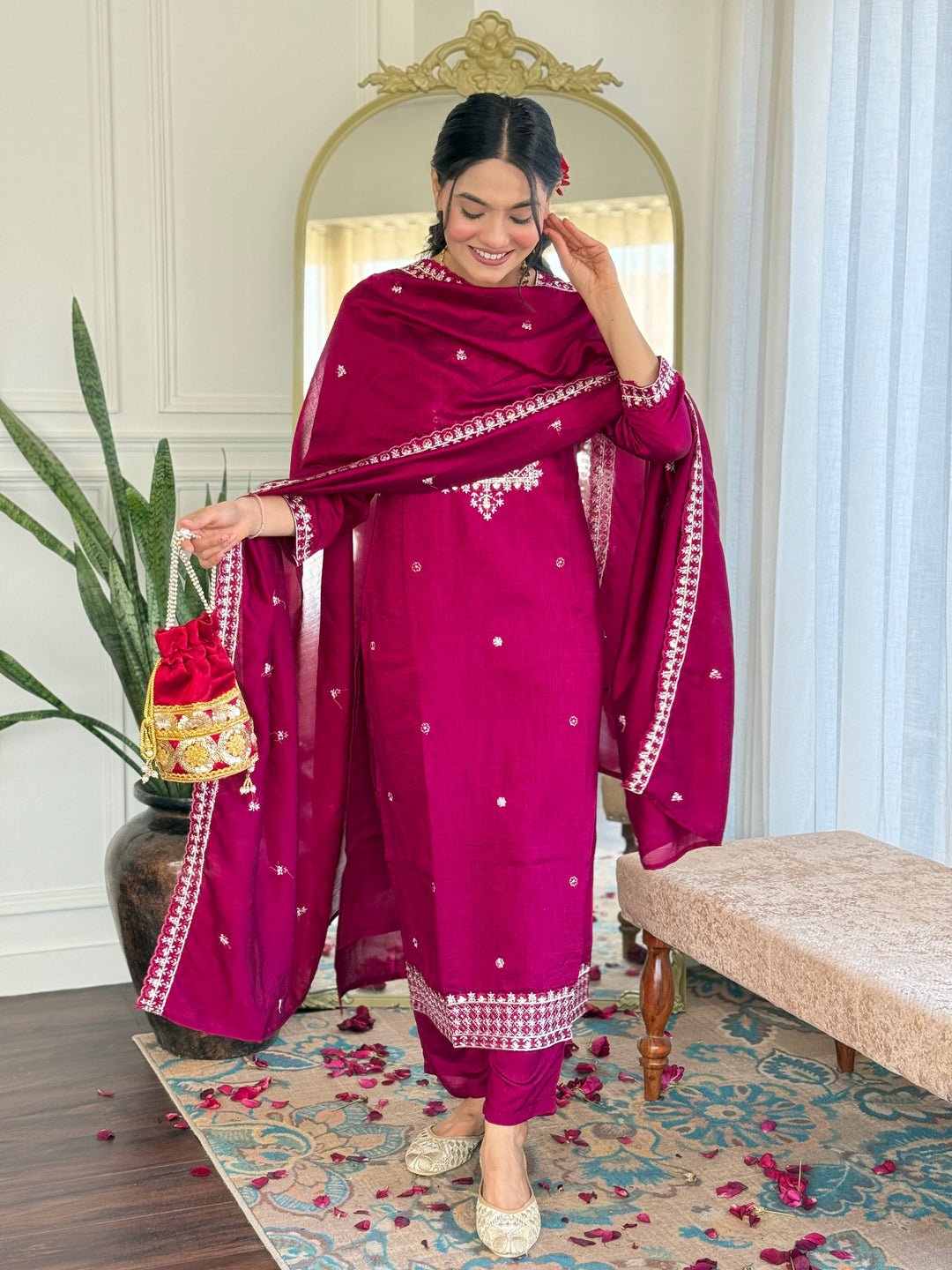 Pink Color CP Vichitra with Embroidered Straight Kurta with Pant And Dupatta Sets