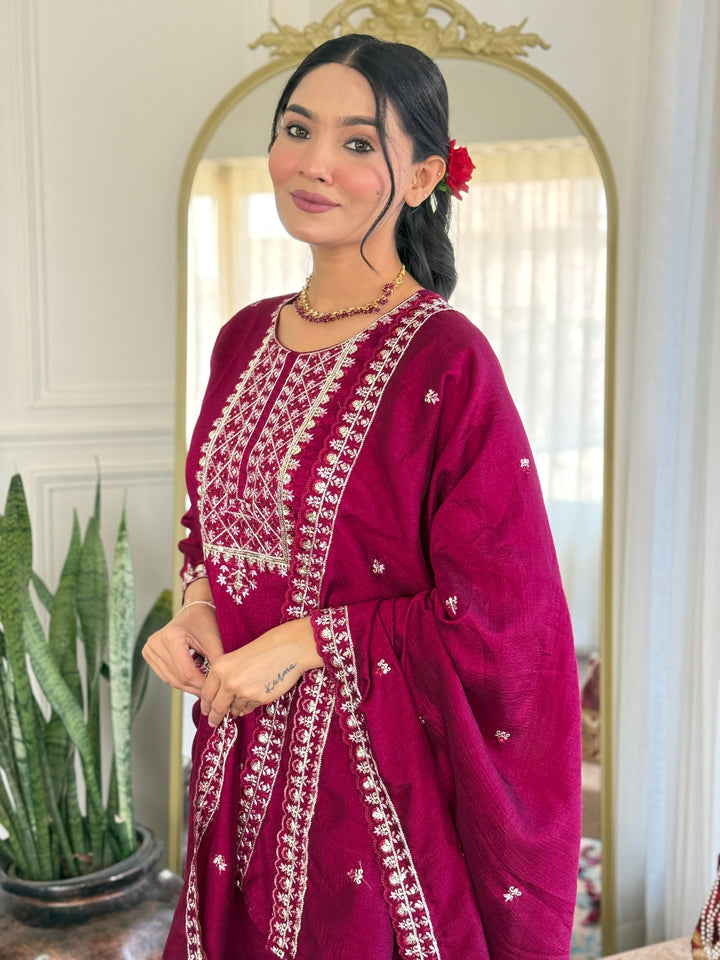 Pink Color CP Vichitra with Embroidered Straight Kurta with Pant And Dupatta Sets