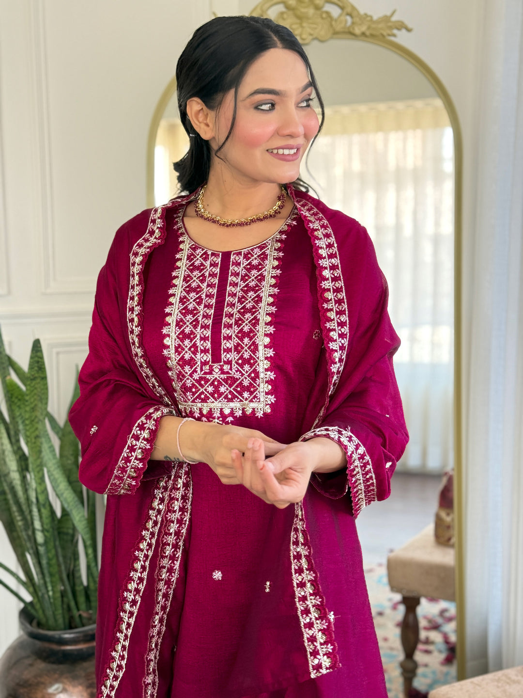 Pink Color CP Vichitra with Embroidered Straight Kurta with Pant And Dupatta Sets