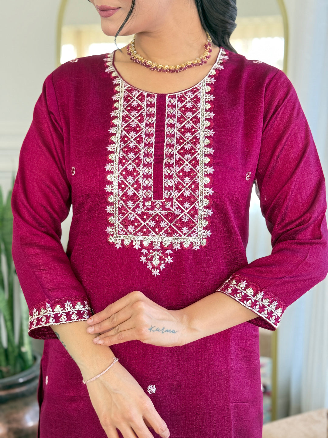 Pink Color CP Vichitra with Embroidered Straight Kurta with Pant And Dupatta Sets