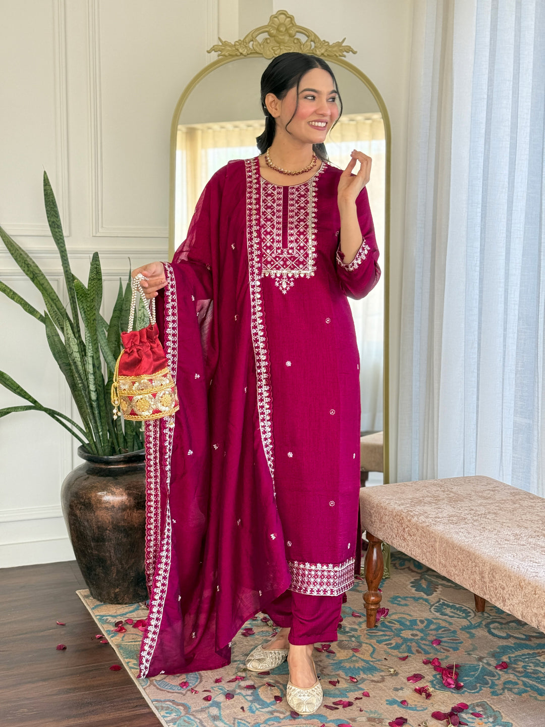Pink Color CP Vichitra with Embroidered Straight Kurta with Pant And Dupatta Sets
