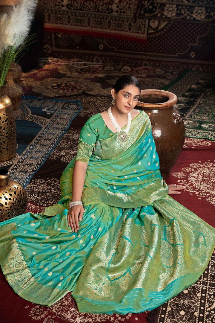 Green Color Banarasi Silk Saree With Zari Woven Design.