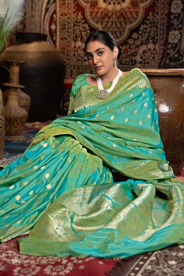 Green Color Banarasi Silk Saree With Zari Woven Design.