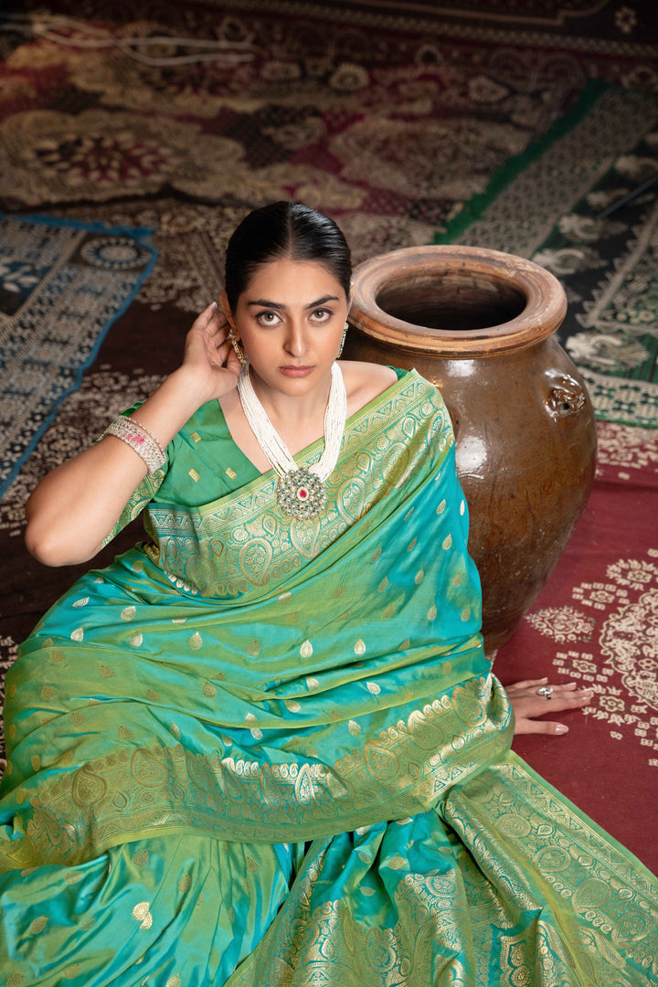 Green Color Banarasi Silk Saree With Zari Woven Design.