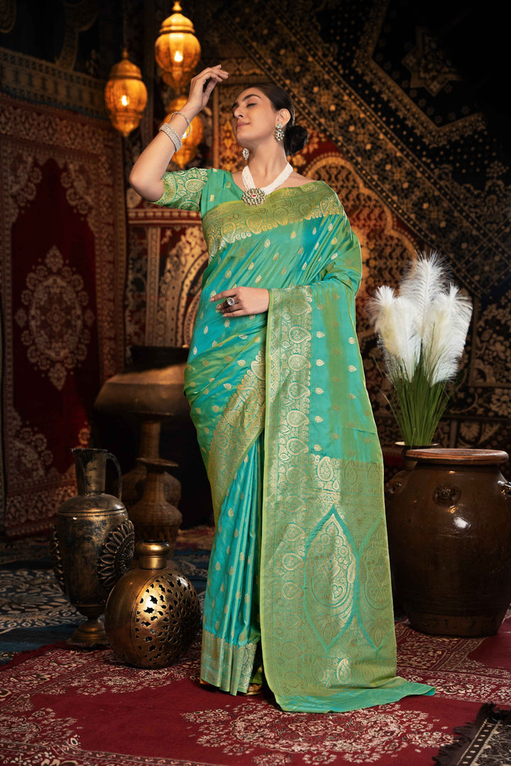 Green Color Banarasi Silk Saree With Zari Woven Design.