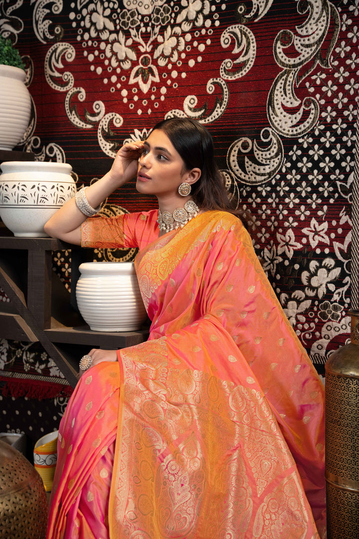 Peach Color Banarasi Silk Saree With Zari Woven Design.