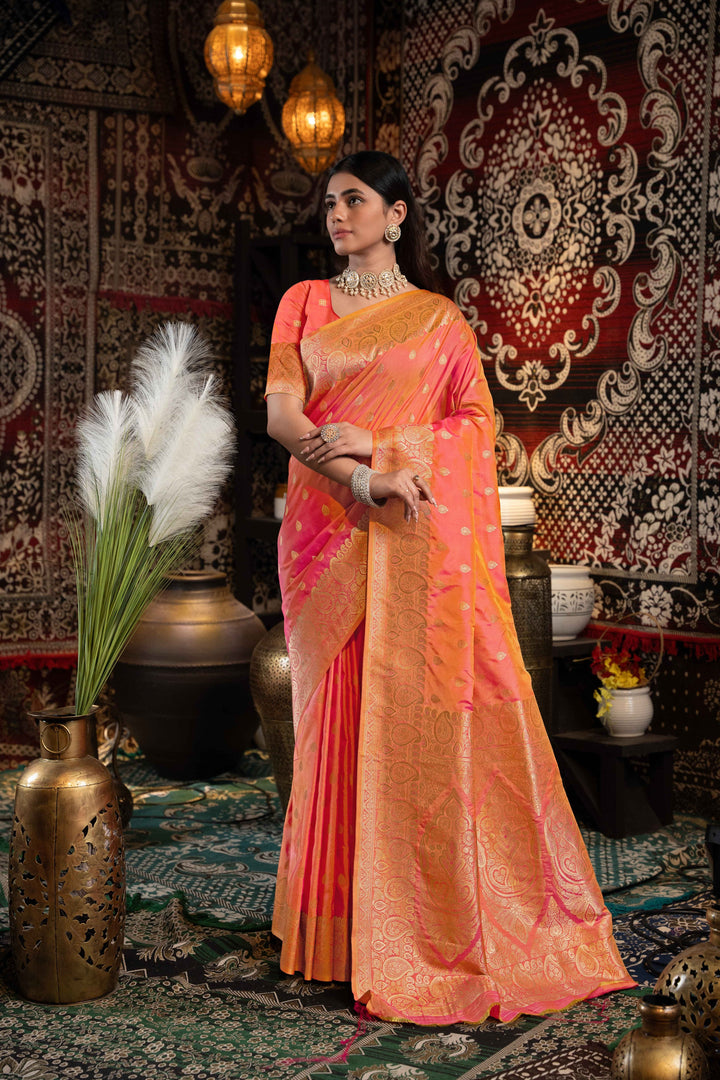 Peach Color Banarasi Silk Saree With Zari Woven Design.