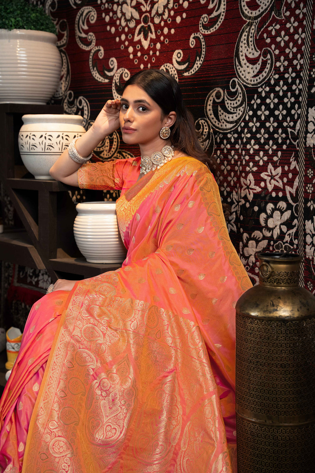 Peach Color Banarasi Silk Saree With Zari Woven Design.