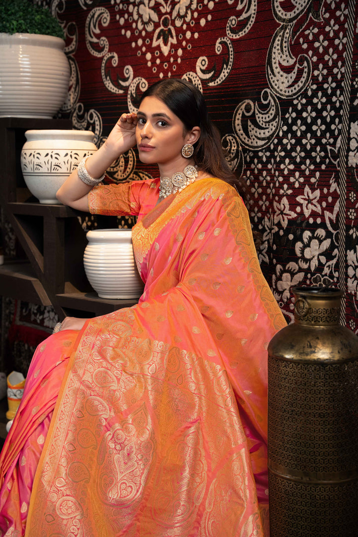 Peach Color Banarasi Silk Saree With Zari Woven Design.