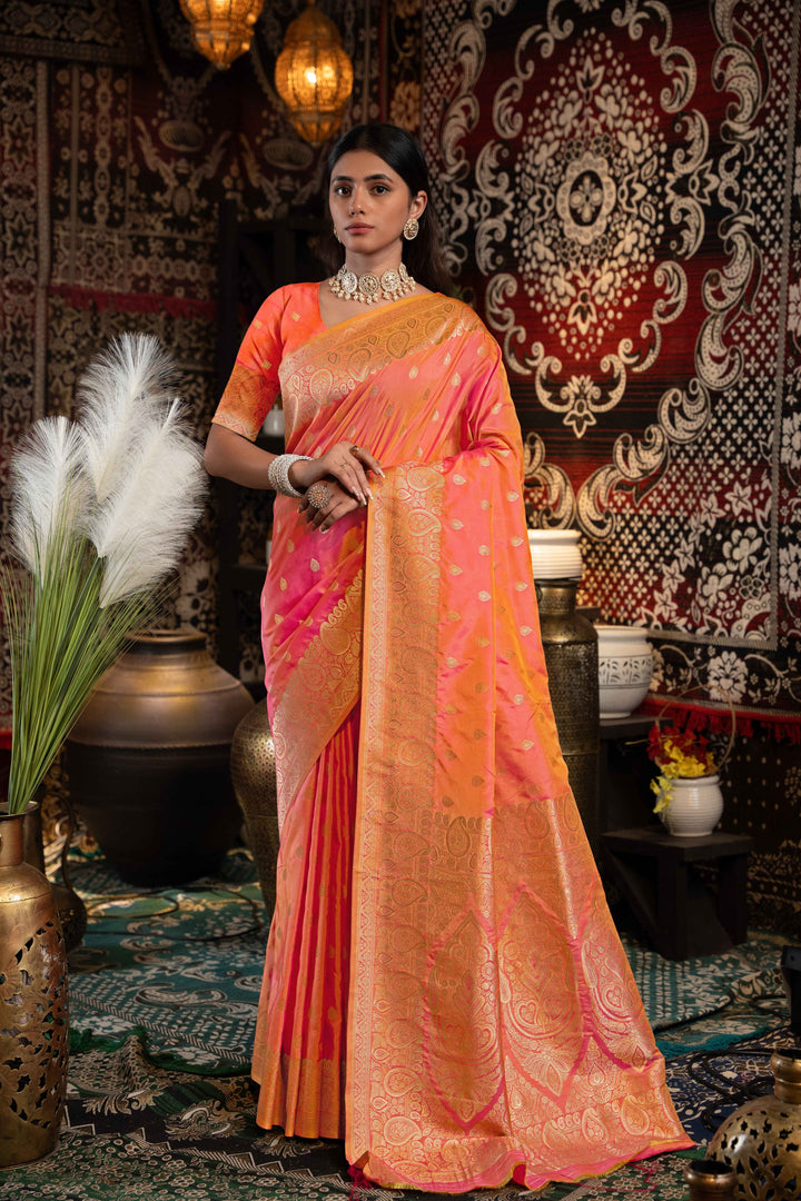 Peach Color Banarasi Silk Saree With Zari Woven Design.