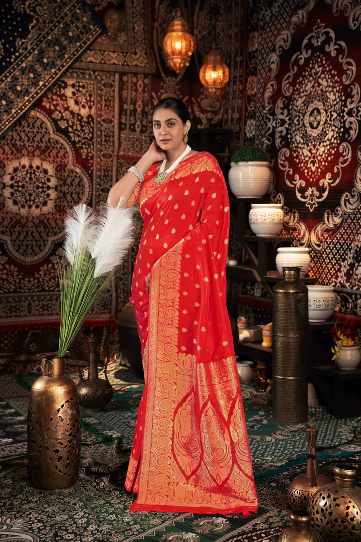 Red Color Banarasi Silk Saree With Zari Woven Design.