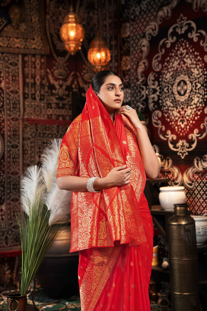 Red Color Banarasi Silk Saree With Zari Woven Design.