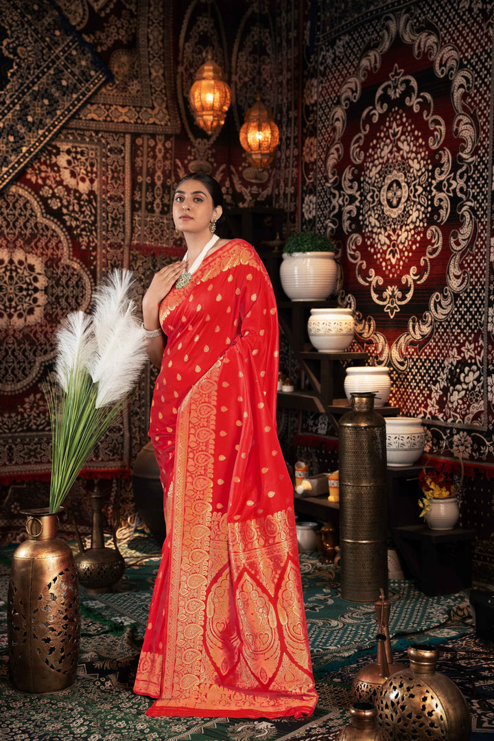 Red Color Banarasi Silk Saree With Zari Woven Design.