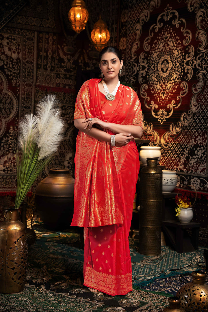 Red Color Banarasi Silk Saree With Zari Woven Design.