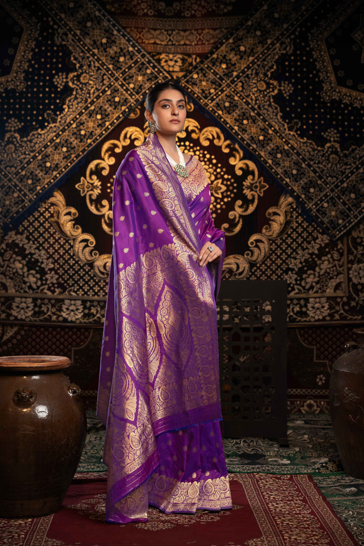Violet Color Banarasi Silk Saree With Zari Woven Design