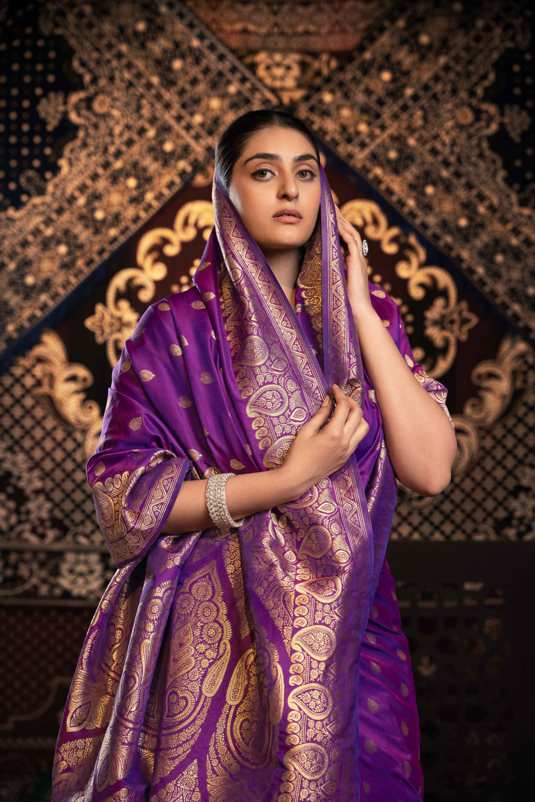 Violet Color Banarasi Silk Saree With Zari Woven Design