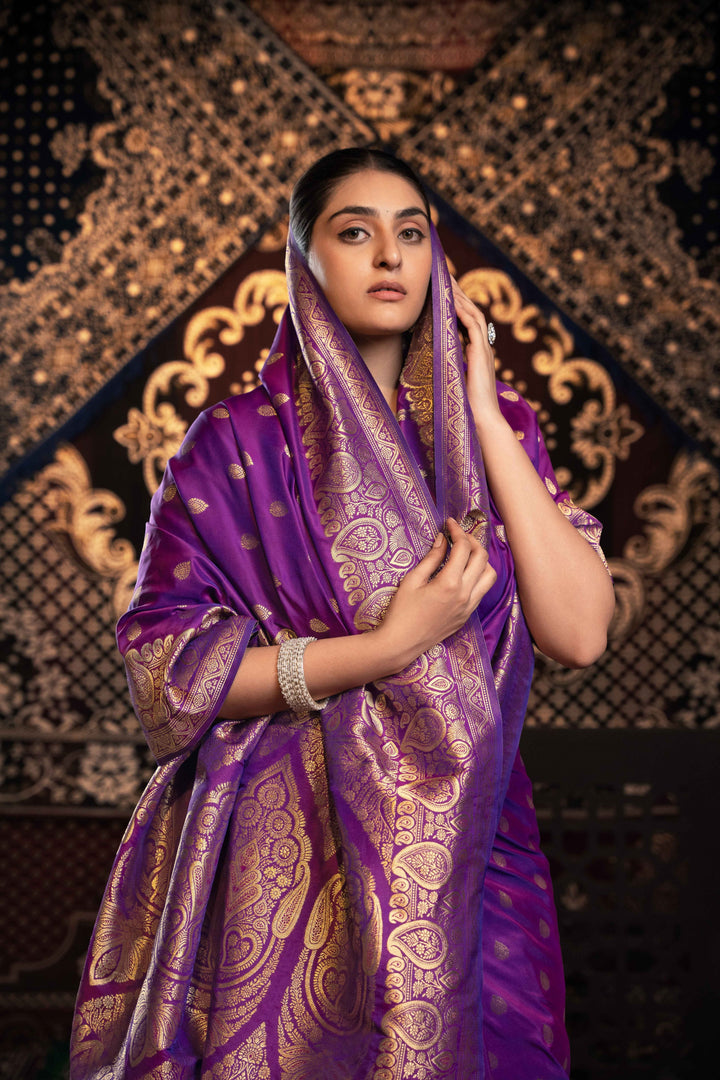 Violet Color Banarasi Silk Saree With Zari Woven Design