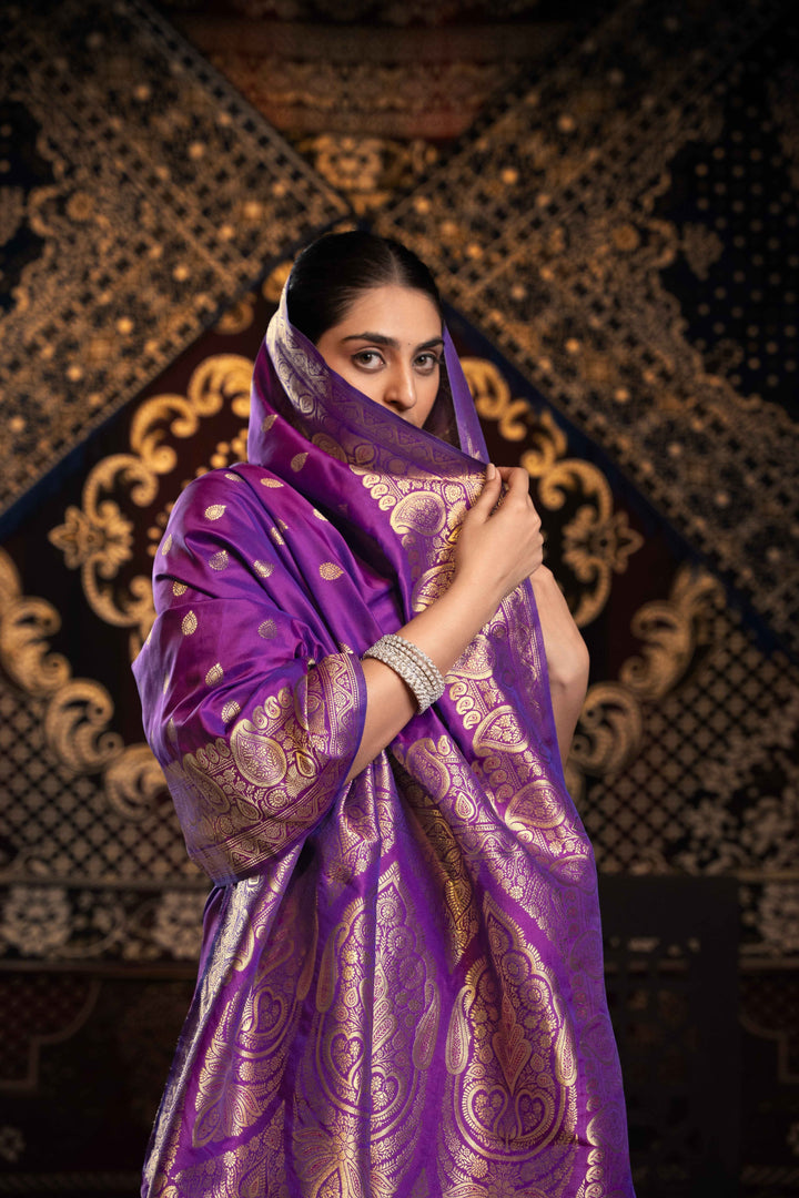 Violet Color Banarasi Silk Saree With Zari Woven Design